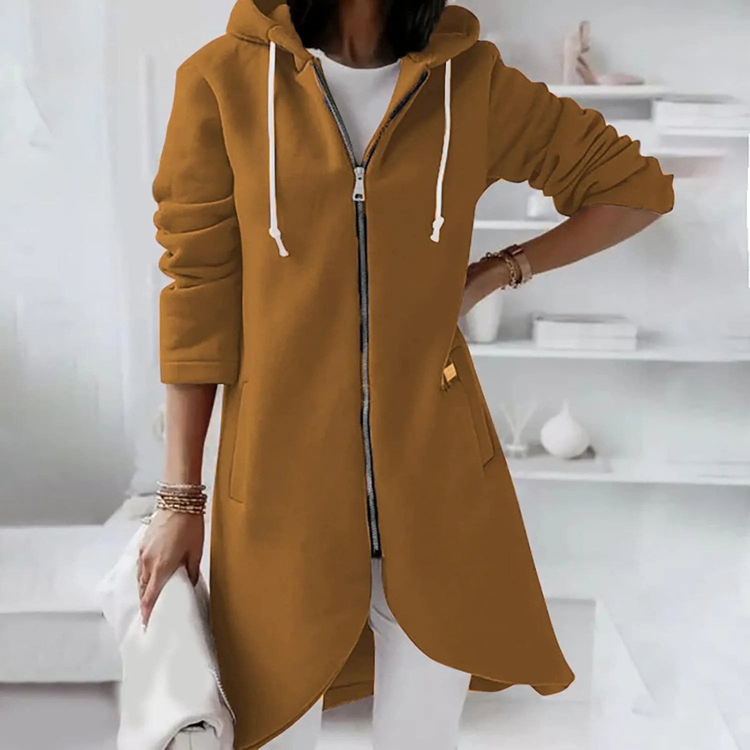 Womens Casual Zip Up Hoodies Casual Lightweight Long Fleece Jacket Oversize Fall Winter Hooded Sweatshirt With Pockets