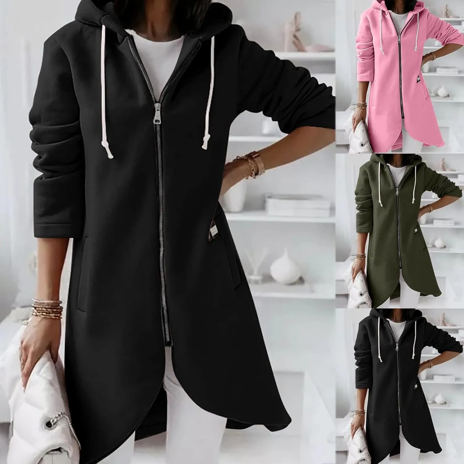Womens Casual Zip Up Hoodies Casual Lightweight Long Fleece Jacket Oversize Fall Winter Hooded Sweatshirt With Pockets