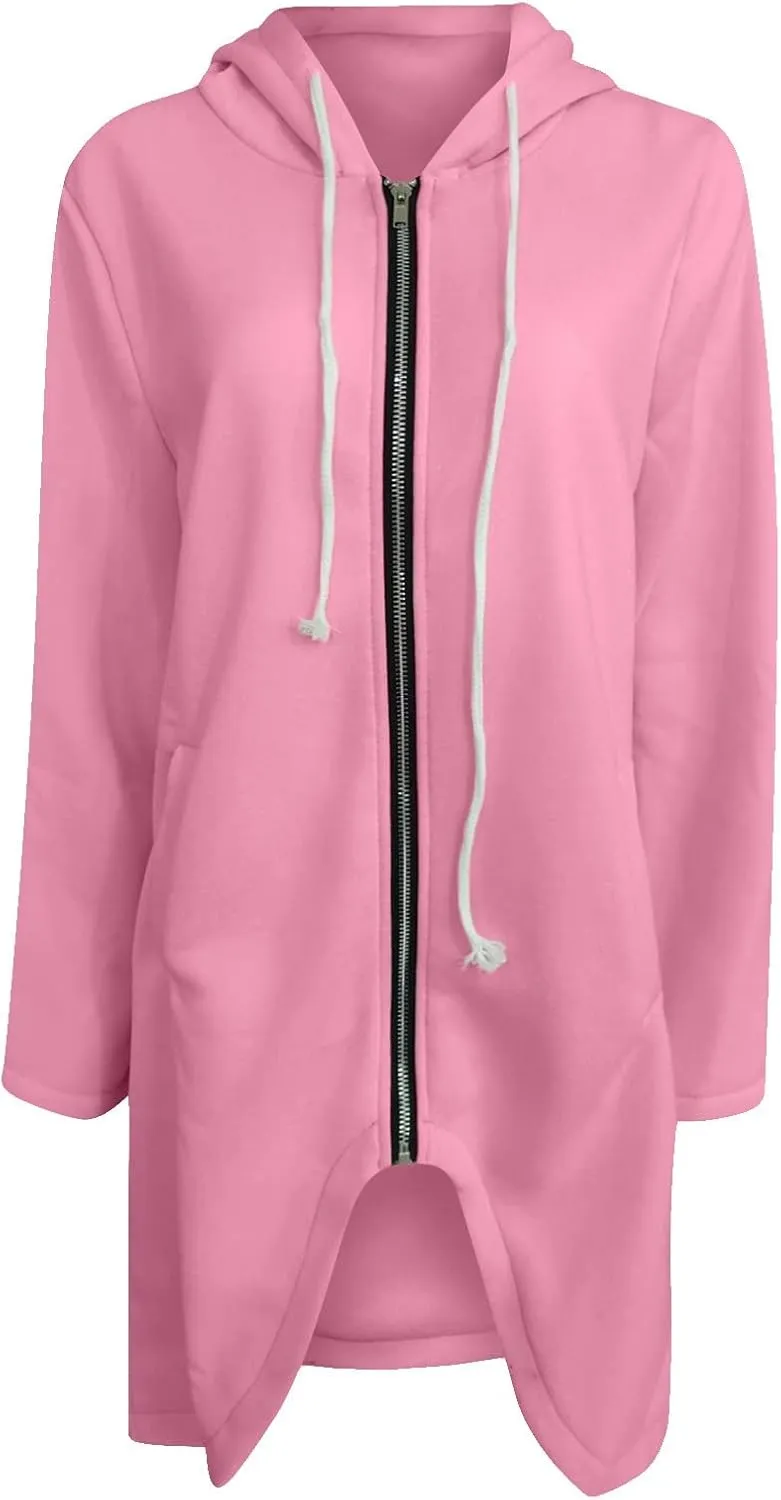 Womens Casual Zip Up Hoodies Casual Lightweight Long Fleece Jacket Oversize Fall Winter Hooded Sweatshirt With Pockets