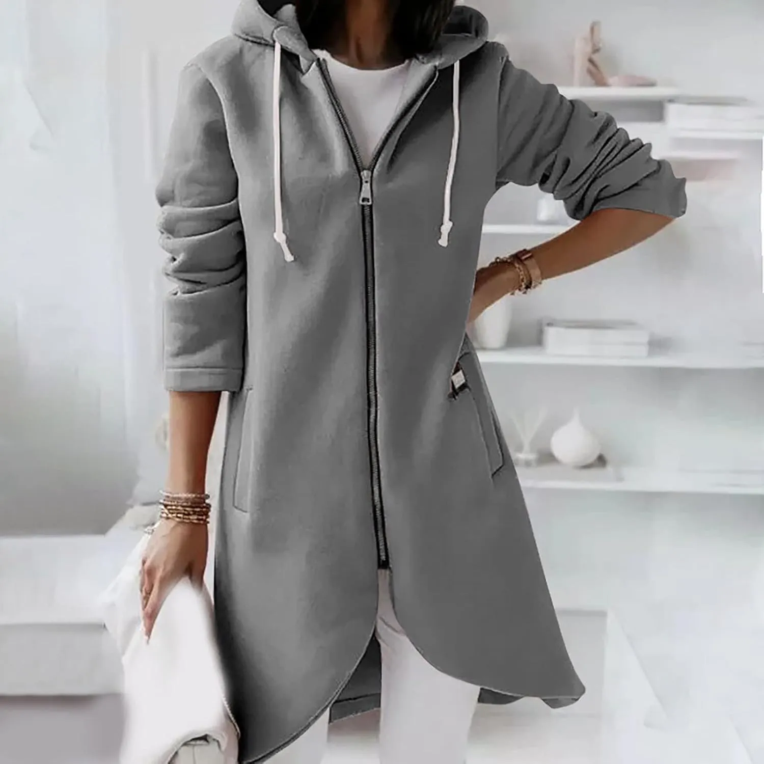 Womens Casual Zip Up Hoodies Casual Lightweight Long Fleece Jacket Oversize Fall Winter Hooded Sweatshirt With Pockets