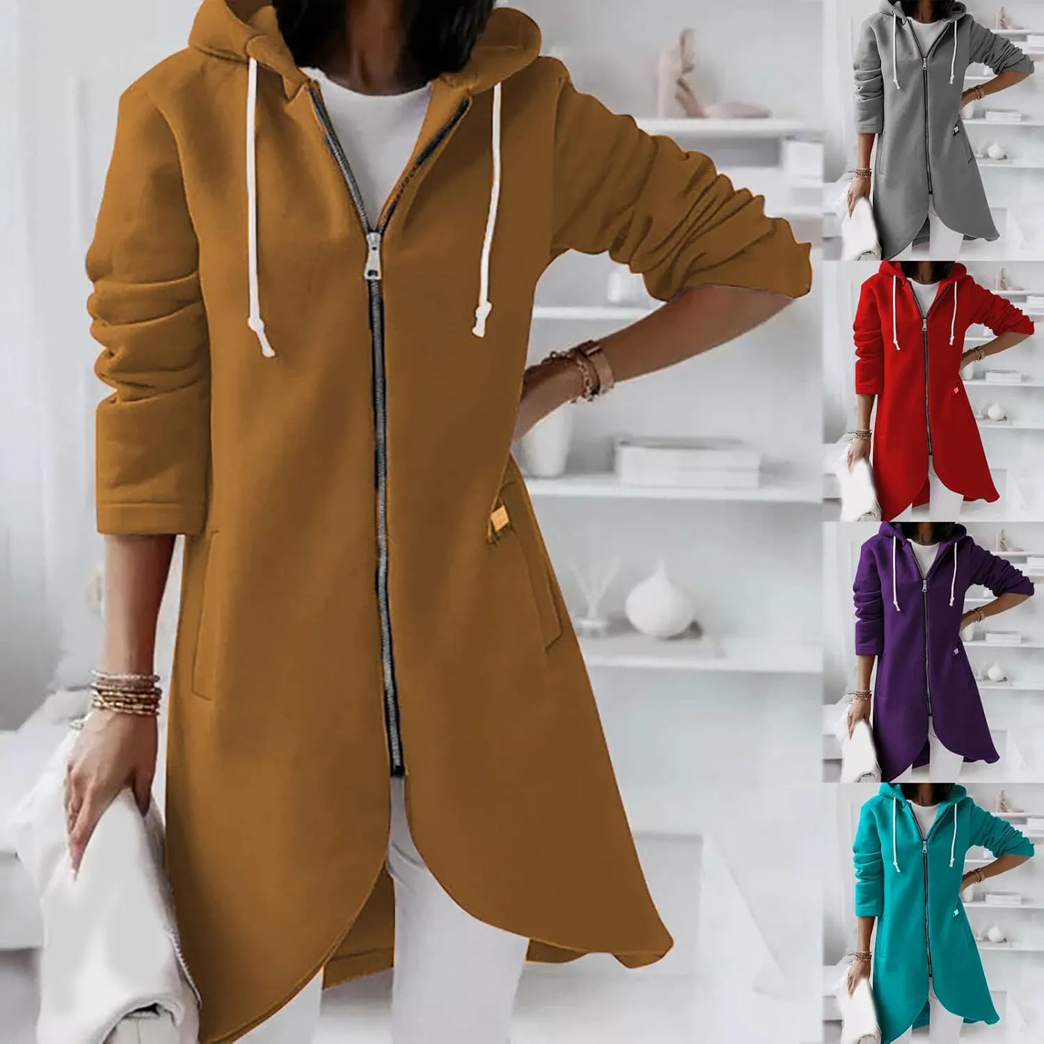 Womens Casual Zip Up Hoodies Casual Lightweight Long Fleece Jacket Oversize Fall Winter Hooded Sweatshirt With Pockets