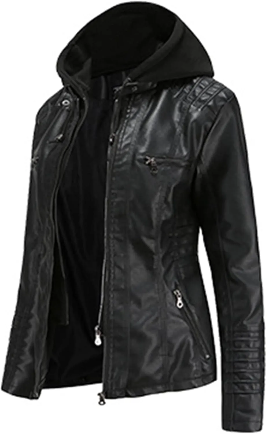 Women's Faux Leather Jackets Classic Detachable Knitted Hood Motorcycle Jacket Zip Up Outerwear
