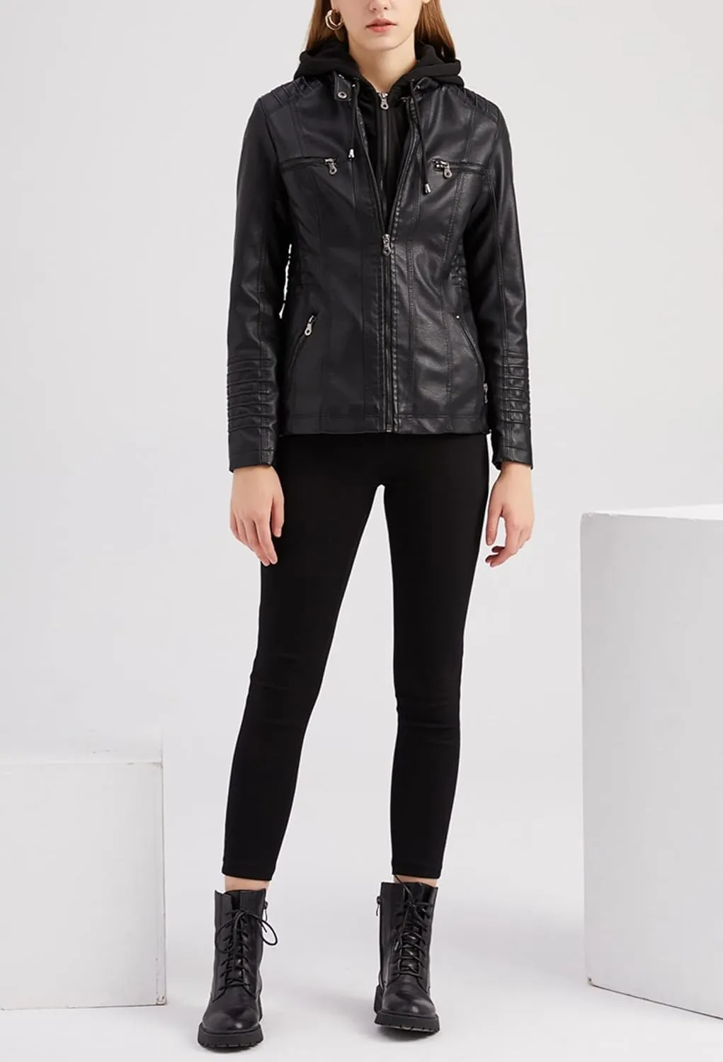 Women's Faux Leather Jackets Classic Detachable Knitted Hood Motorcycle Jacket Zip Up Outerwear