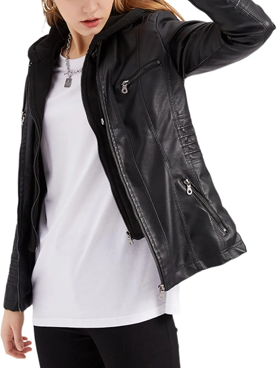 Women's Faux Leather Jackets Classic Detachable Knitted Hood Motorcycle Jacket Zip Up Outerwear