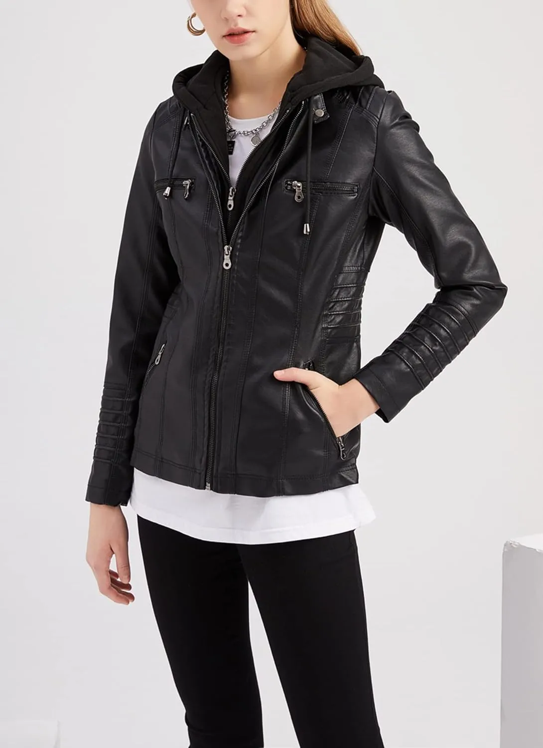 Women's Faux Leather Jackets Classic Detachable Knitted Hood Motorcycle Jacket Zip Up Outerwear