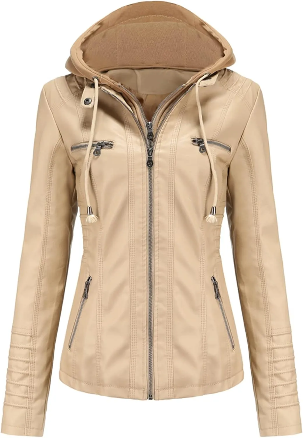 Women's Faux Leather Jackets Classic Detachable Knitted Hood Motorcycle Jacket Zip Up Outerwear