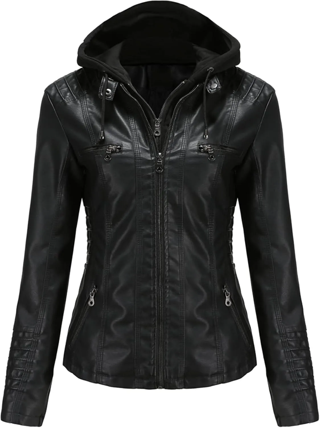 Women's Faux Leather Jackets Classic Detachable Knitted Hood Motorcycle Jacket Zip Up Outerwear