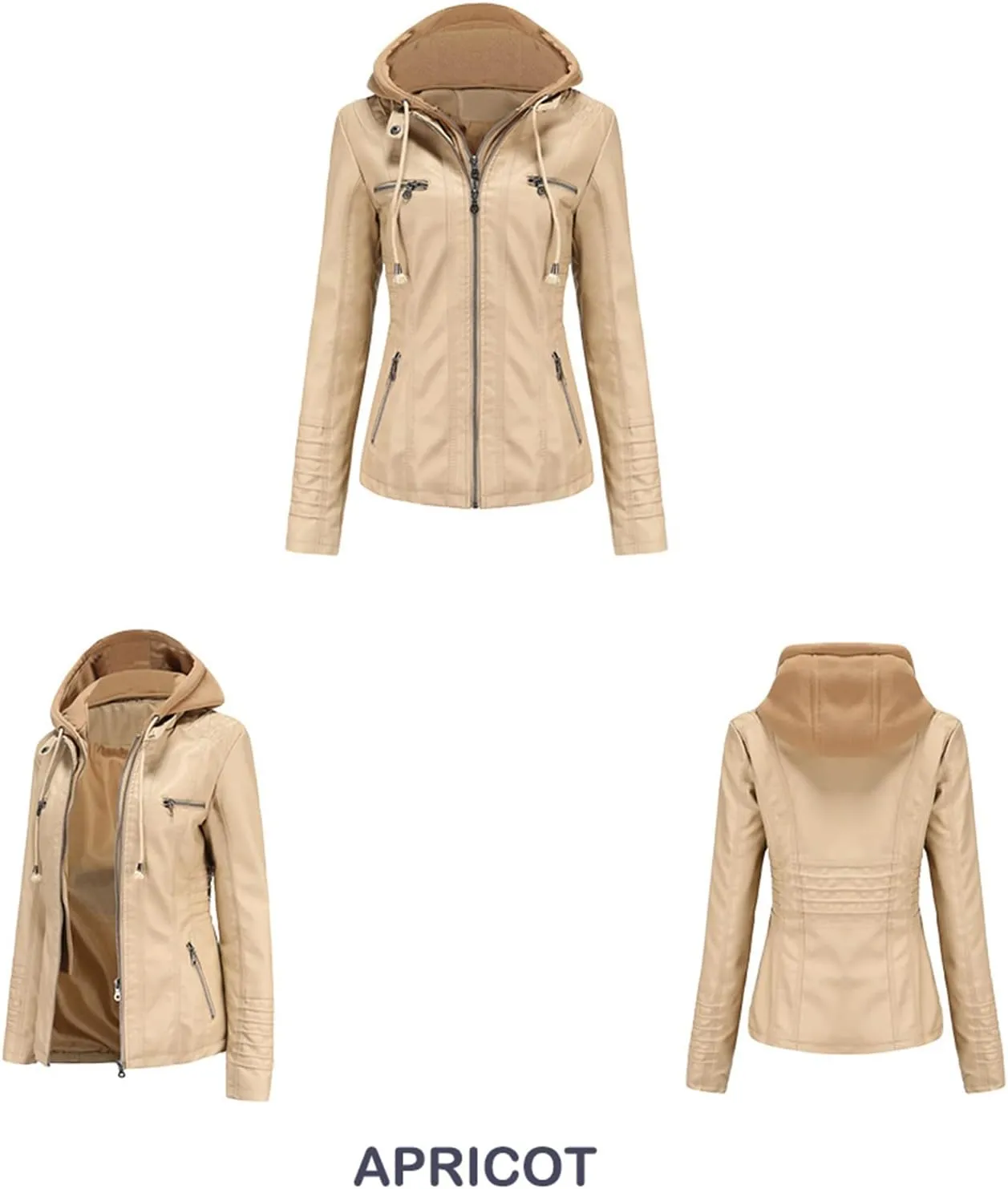 Women's Faux Leather Jackets Classic Detachable Knitted Hood Motorcycle Jacket Zip Up Outerwear