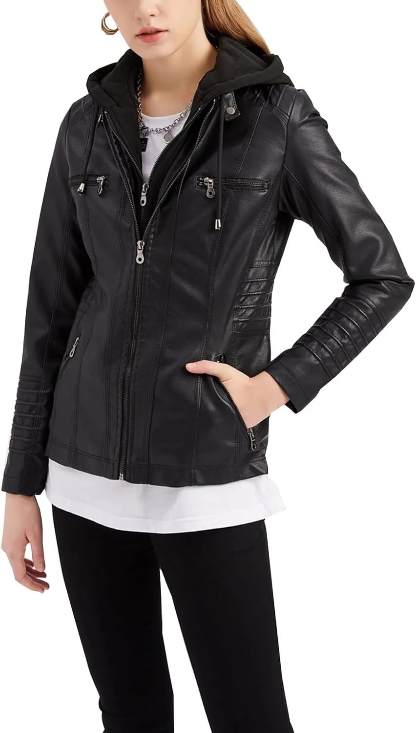 Women's Faux Leather Jackets Classic Detachable Knitted Hood Motorcycle Jacket Zip Up Outerwear