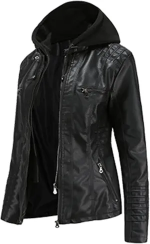 Women's Faux Leather Jackets Classic Detachable Knitted Hood Motorcycle Jacket Zip Up Outerwear
