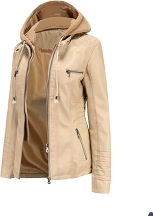 Women's Faux Leather Jackets Classic Detachable Knitted Hood Motorcycle Jacket Zip Up Outerwear
