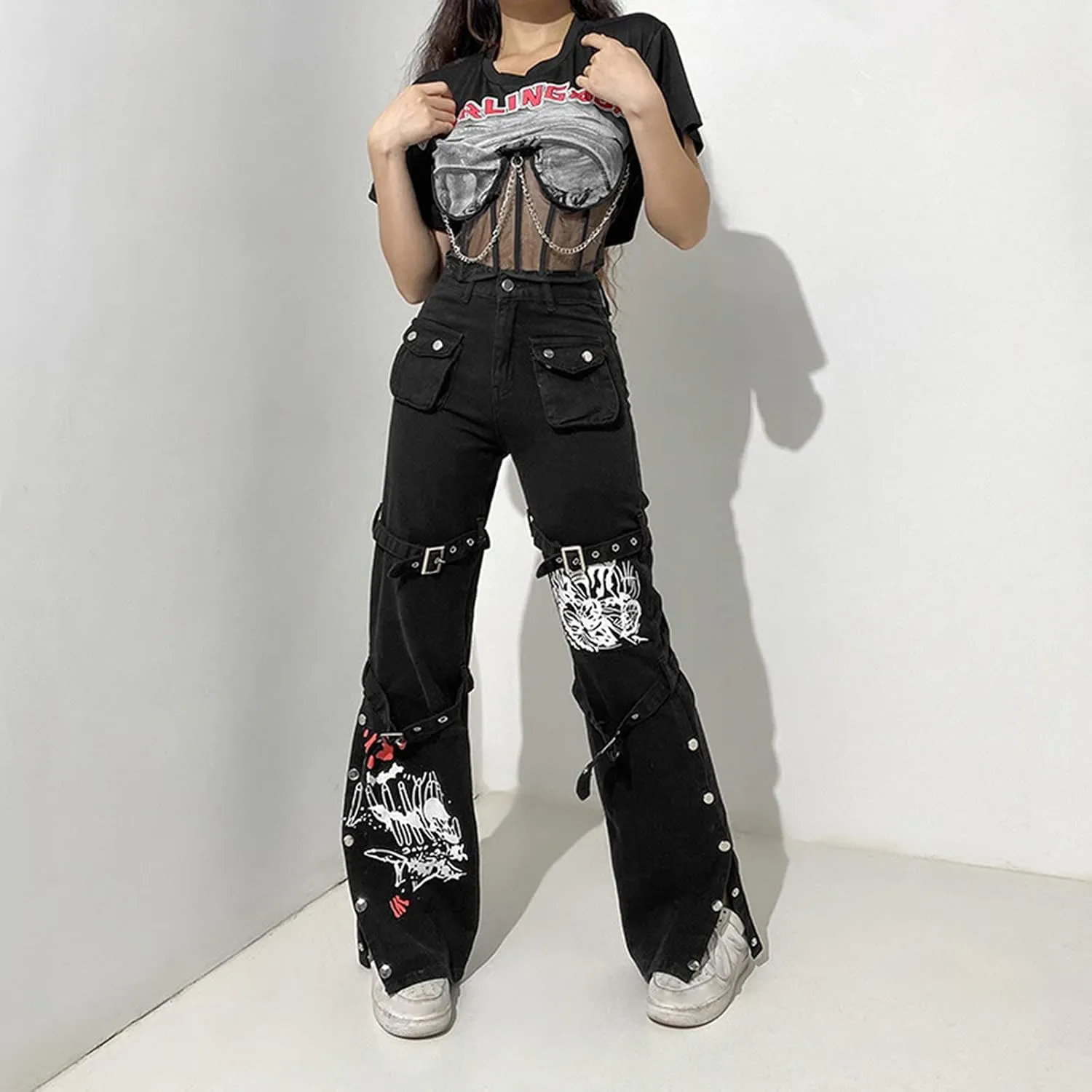 Women's Gothic High Waist Print Cargo Pants Casual Loose Punk Buckle Denim Pants Trousers Streetwear