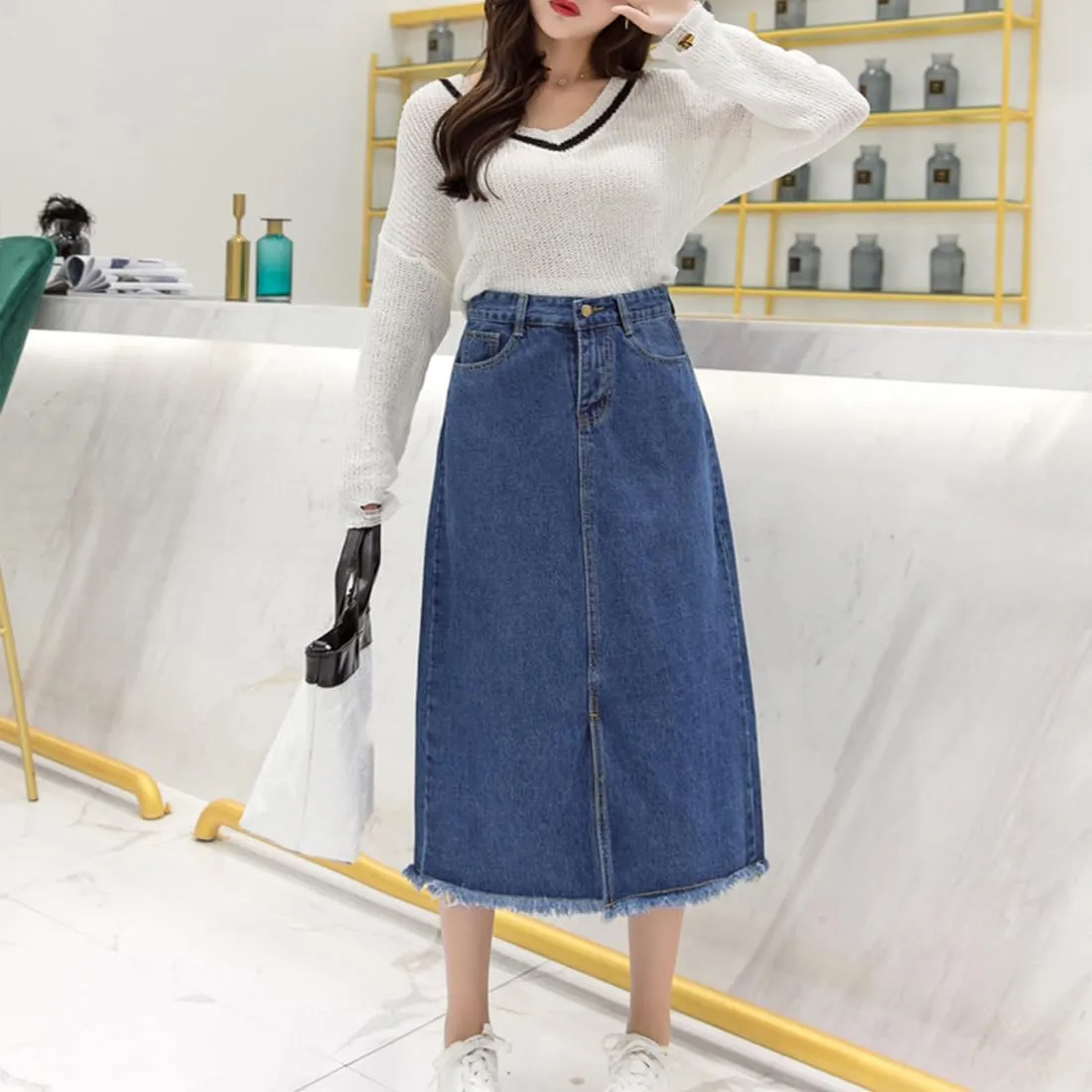 Women's High Waisted A-Line Denim Skirt Distressed Hem Mid-Length Casual Skirt, Vintage Spring Summer Loose Fit Skirts