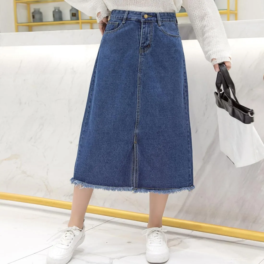 Women's High Waisted A-Line Denim Skirt Distressed Hem Mid-Length Casual Skirt, Vintage Spring Summer Loose Fit Skirts