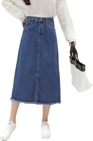 Women's High Waisted A-Line Denim Skirt Distressed Hem Mid-Length Casual Skirt, Vintage Spring Summer Loose Fit Skirts