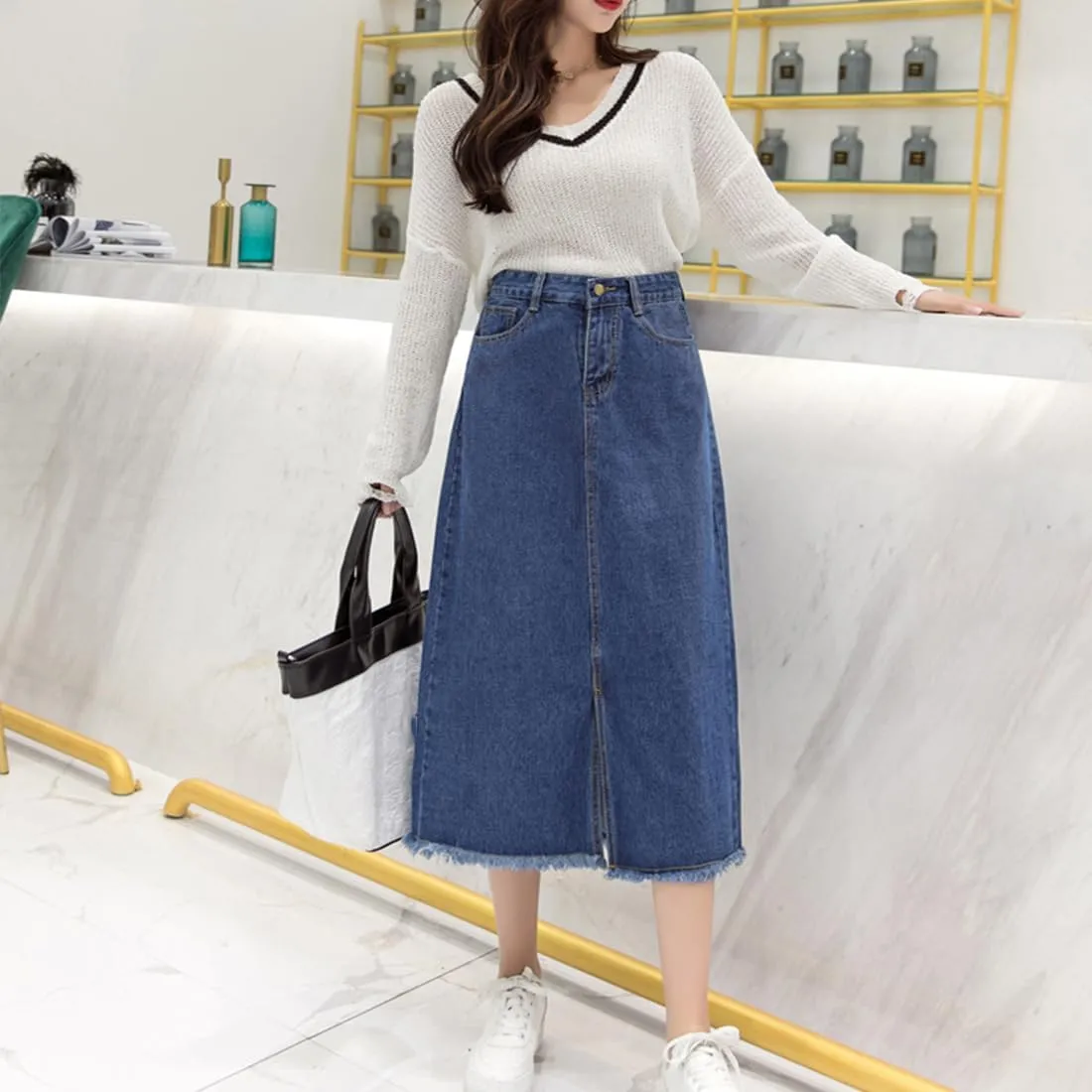 Women's High Waisted A-Line Denim Skirt Distressed Hem Mid-Length Casual Skirt, Vintage Spring Summer Loose Fit Skirts