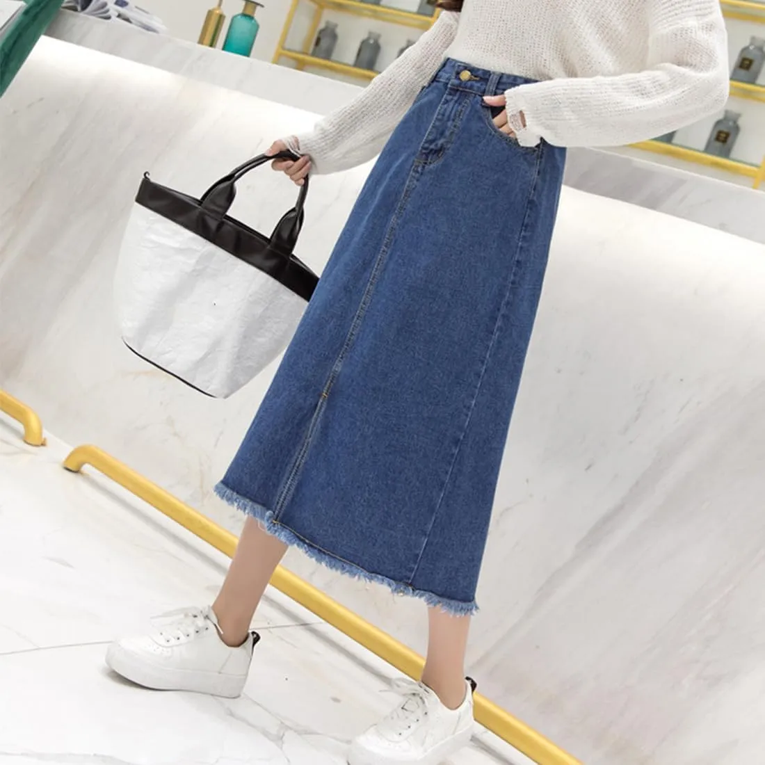 Women's High Waisted A-Line Denim Skirt Distressed Hem Mid-Length Casual Skirt, Vintage Spring Summer Loose Fit Skirts