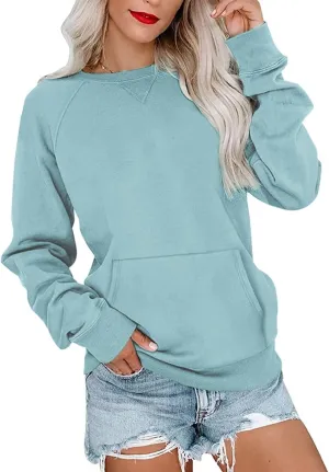 Womens Long Sleeve Sweatshirt Casual Crewneck Cute Pullover Tops Lightweight Sweatshirt with Pocket