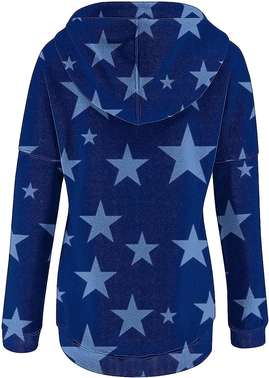 Women's Long Sleeves Hoodies Tunic Tops Fashion Printed Button up Drawstring Hooded Pullover Sweatshirt Blouse Top