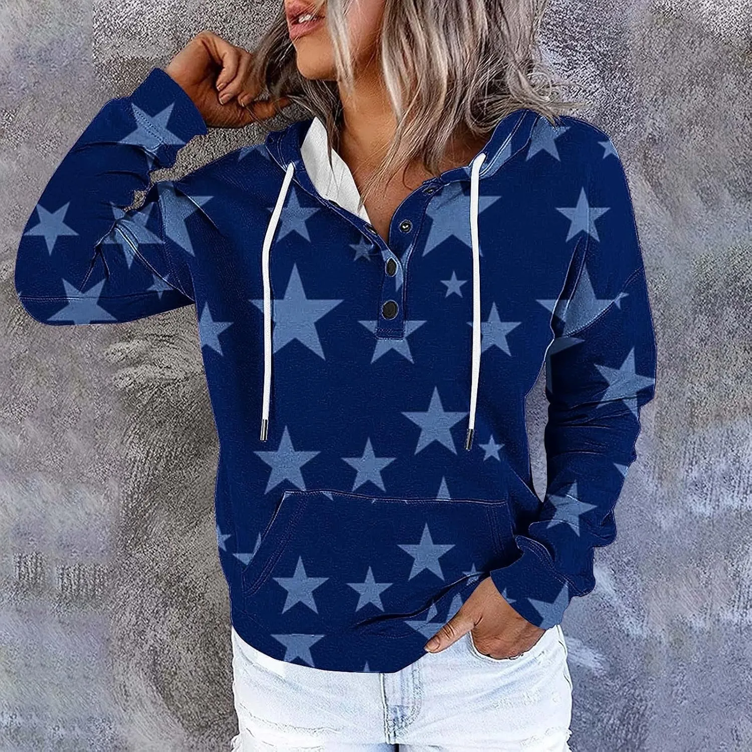 Women's Long Sleeves Hoodies Tunic Tops Fashion Printed Button up Drawstring Hooded Pullover Sweatshirt Blouse Top