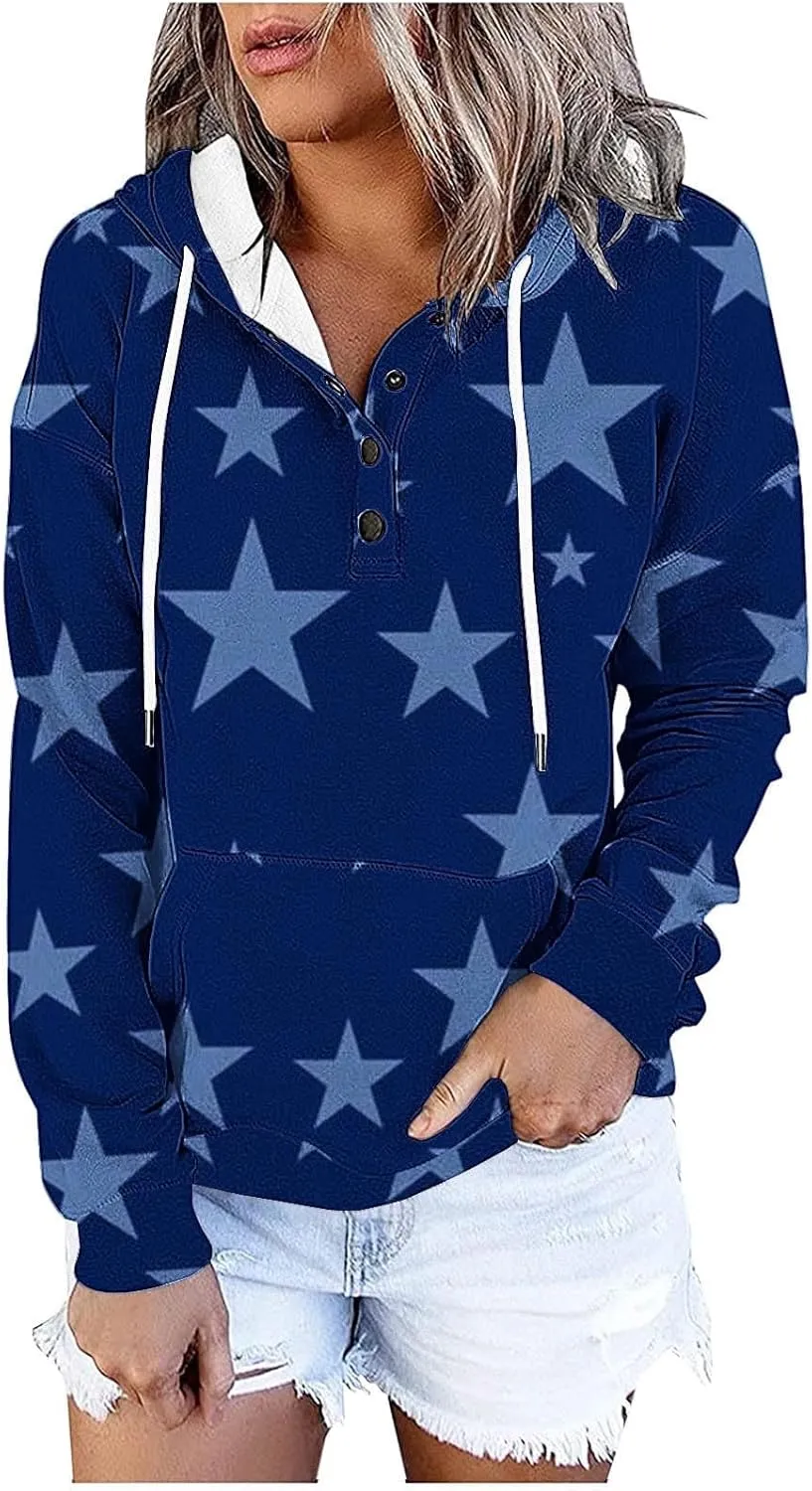 Women's Long Sleeves Hoodies Tunic Tops Fashion Printed Button up Drawstring Hooded Pullover Sweatshirt Blouse Top