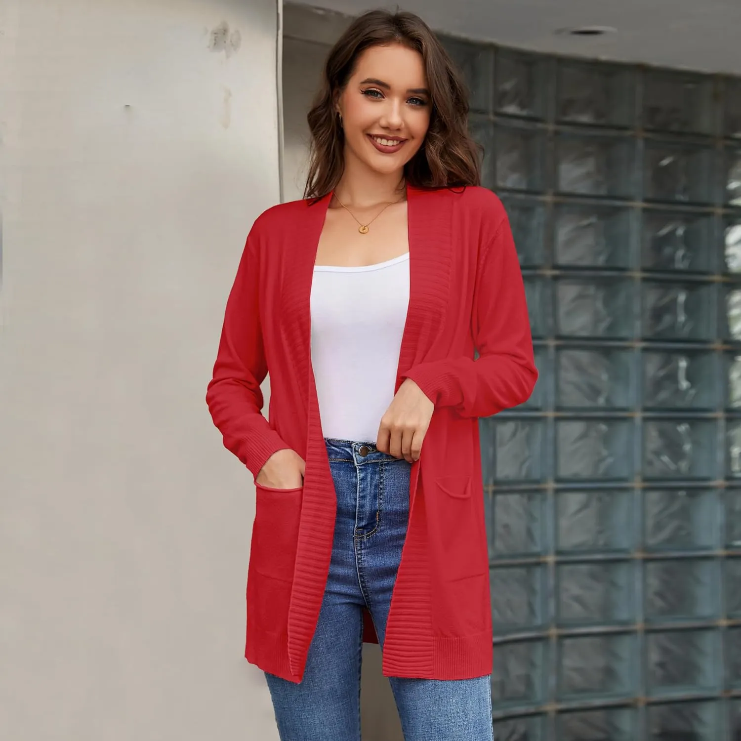 Women's Open Front Cardigan with Pockets Long Sleeve Casual Knit Sweaters