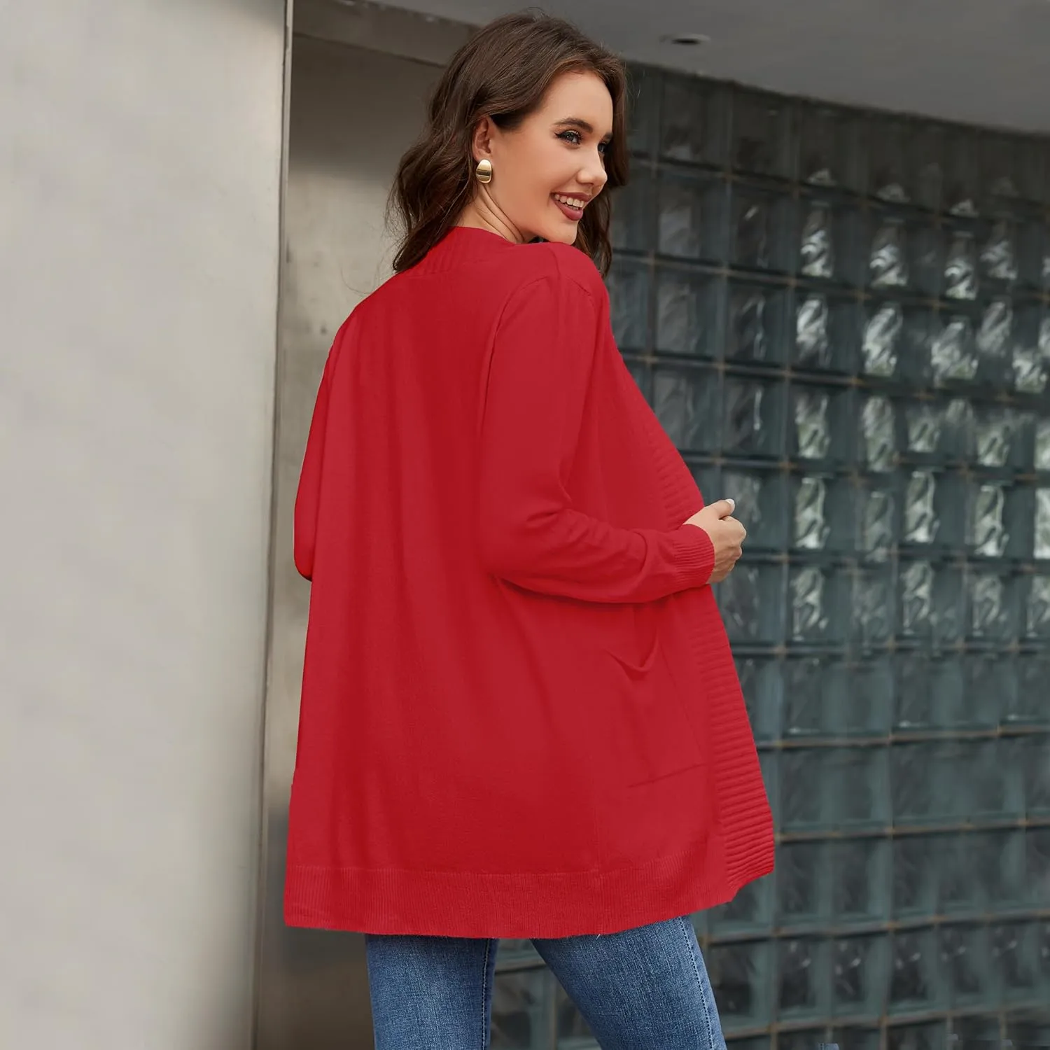 Women's Open Front Cardigan with Pockets Long Sleeve Casual Knit Sweaters