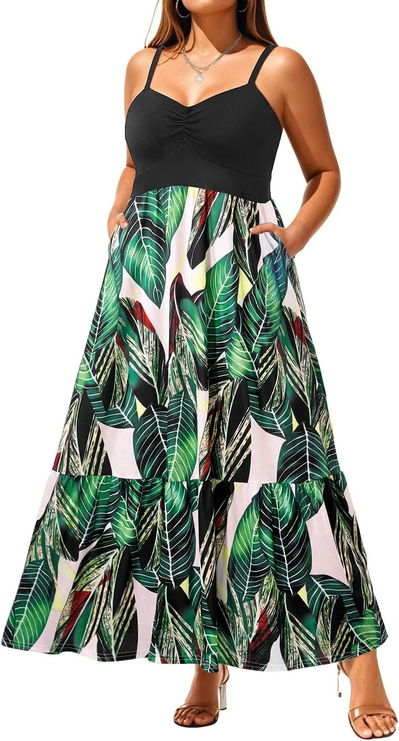 Women's Plus Size Summer Maxi Sun Dress Spaghetti Strap Ruched Bust Long Casual Sundress with Pockets