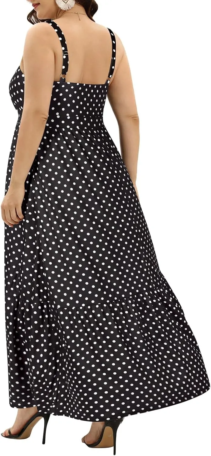 Women's Plus Size Summer Maxi Sun Dress Spaghetti Strap Ruched Bust Long Casual Sundress with Pockets