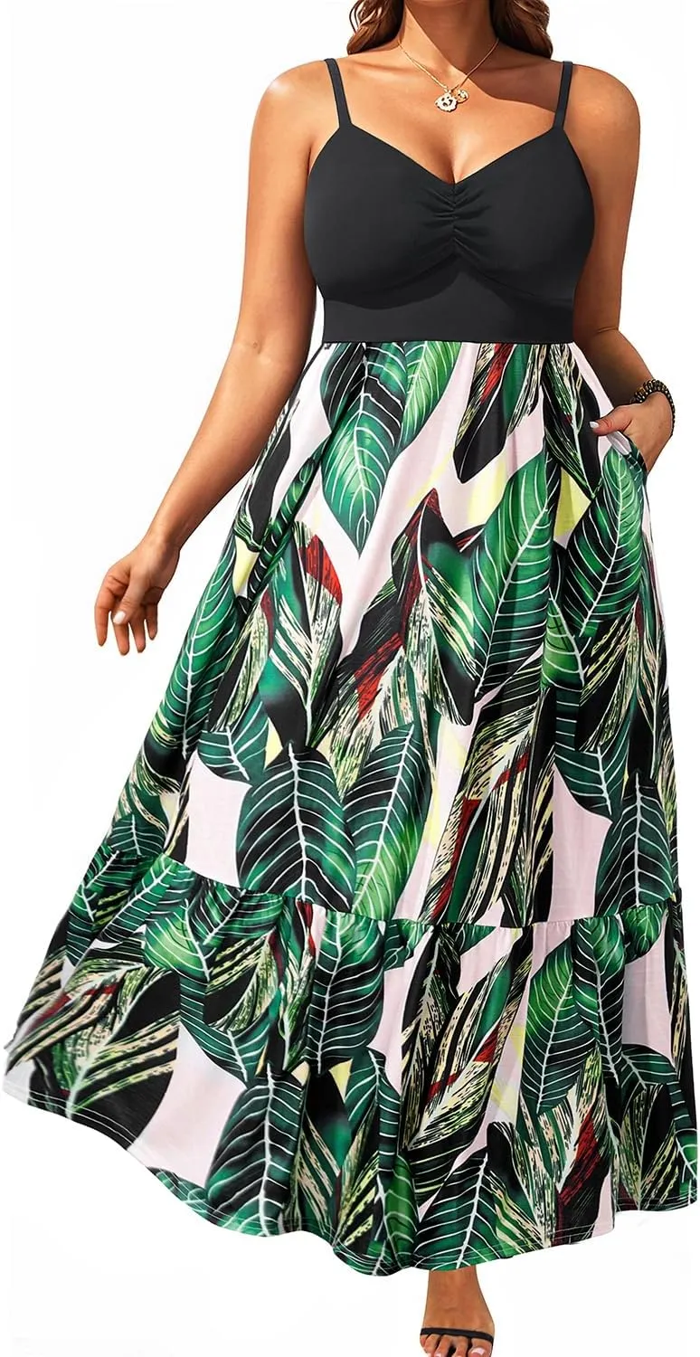 Women's Plus Size Summer Maxi Sun Dress Spaghetti Strap Ruched Bust Long Casual Sundress with Pockets