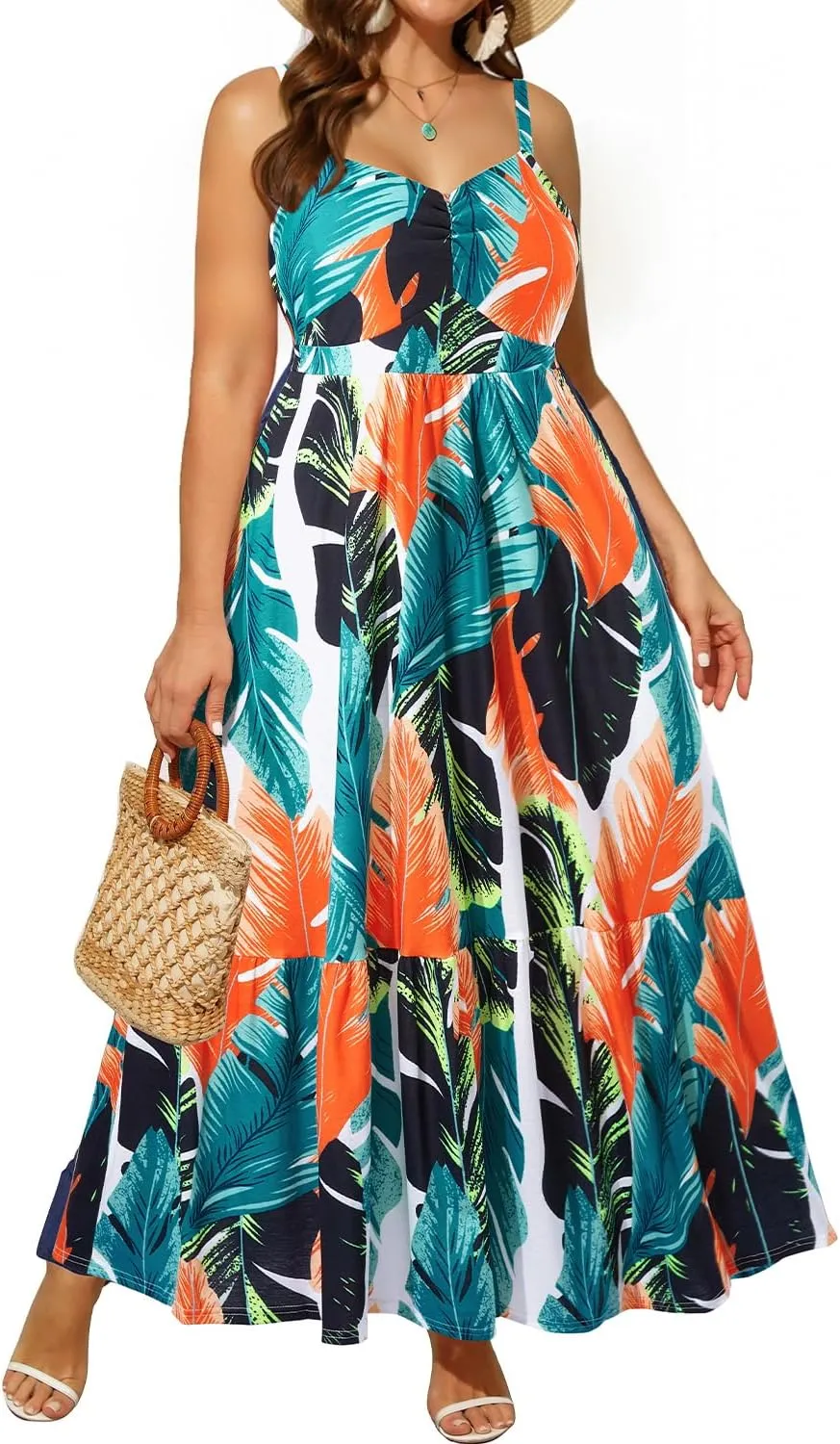 Women's Plus Size Summer Maxi Sun Dress Spaghetti Strap Ruched Bust Long Casual Sundress with Pockets