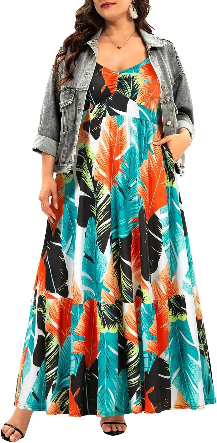 Women's Plus Size Summer Maxi Sun Dress Spaghetti Strap Ruched Bust Long Casual Sundress with Pockets