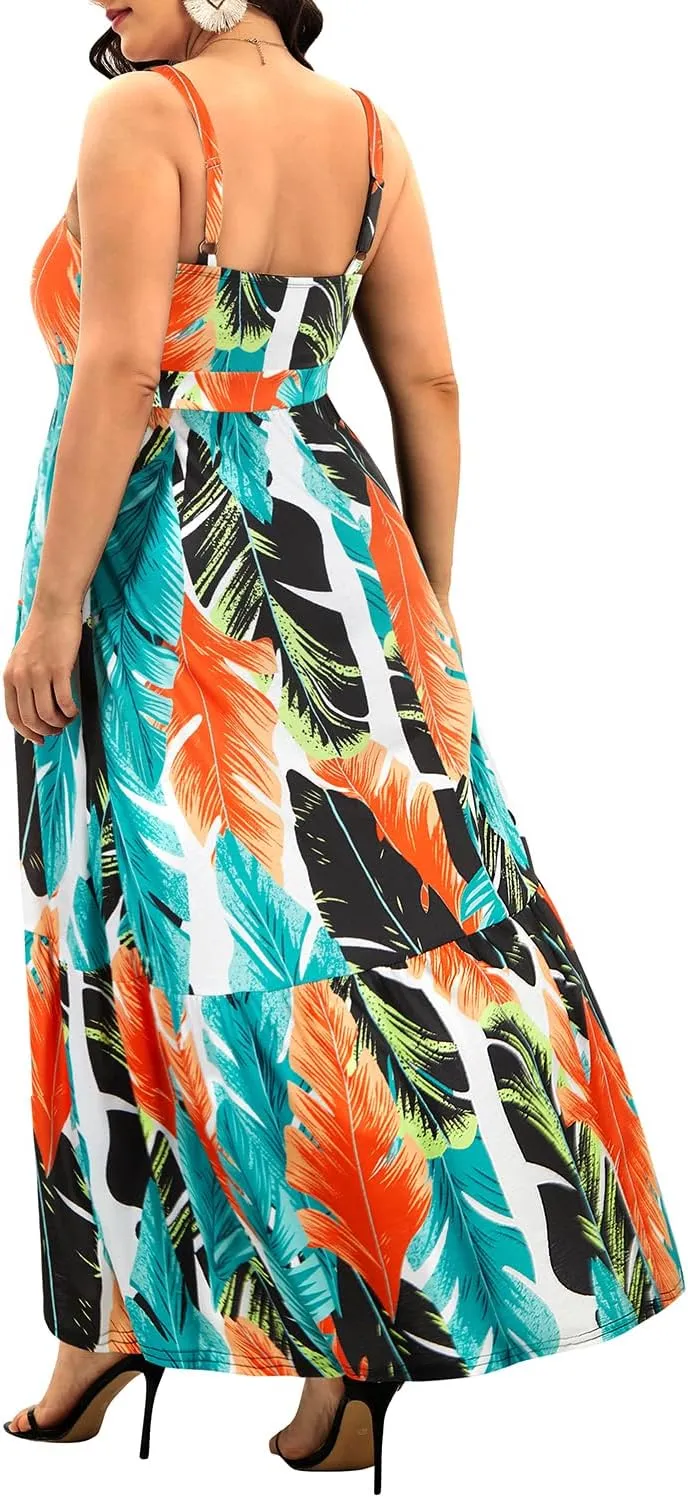 Women's Plus Size Summer Maxi Sun Dress Spaghetti Strap Ruched Bust Long Casual Sundress with Pockets