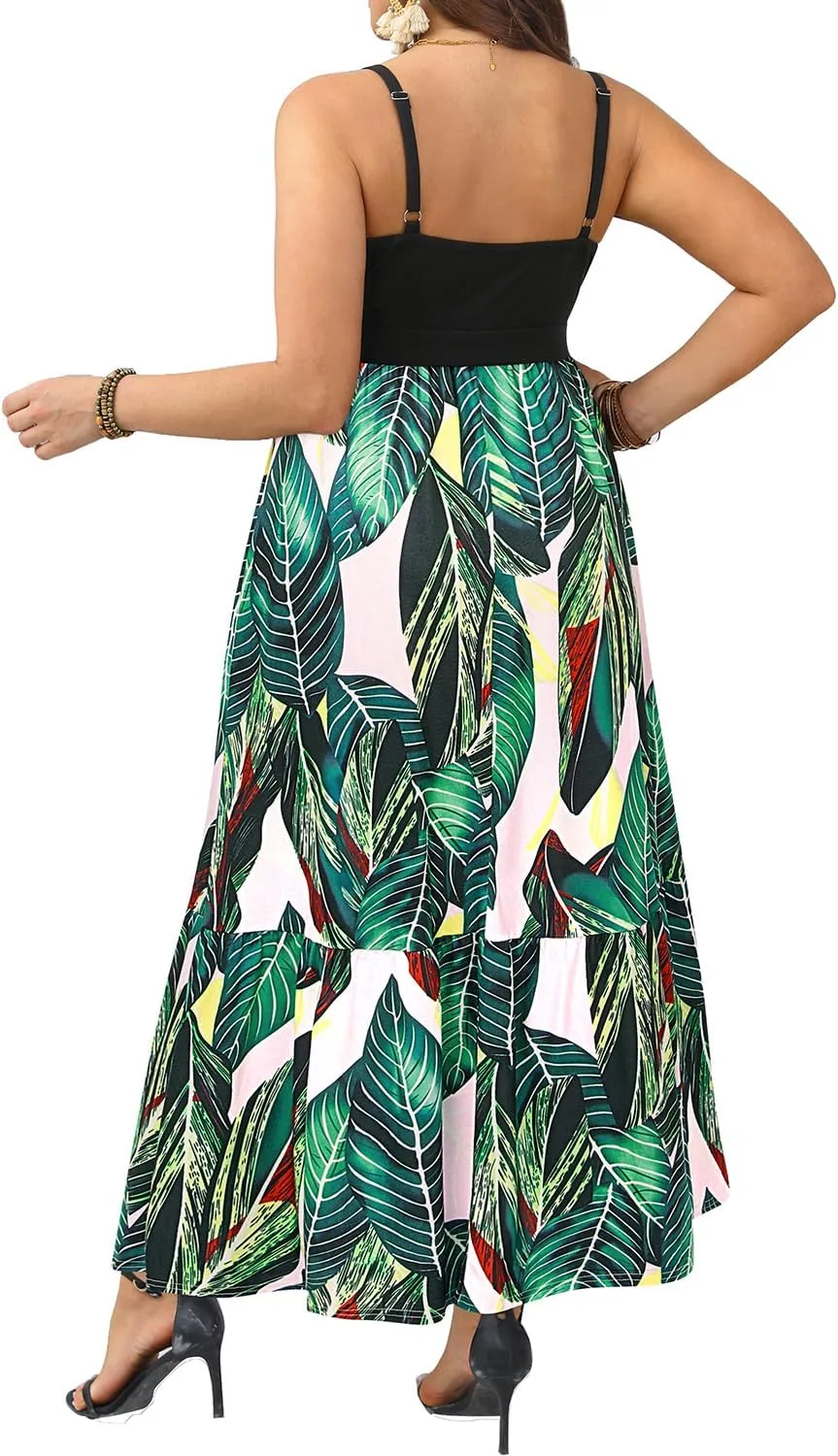 Women's Plus Size Summer Maxi Sun Dress Spaghetti Strap Ruched Bust Long Casual Sundress with Pockets