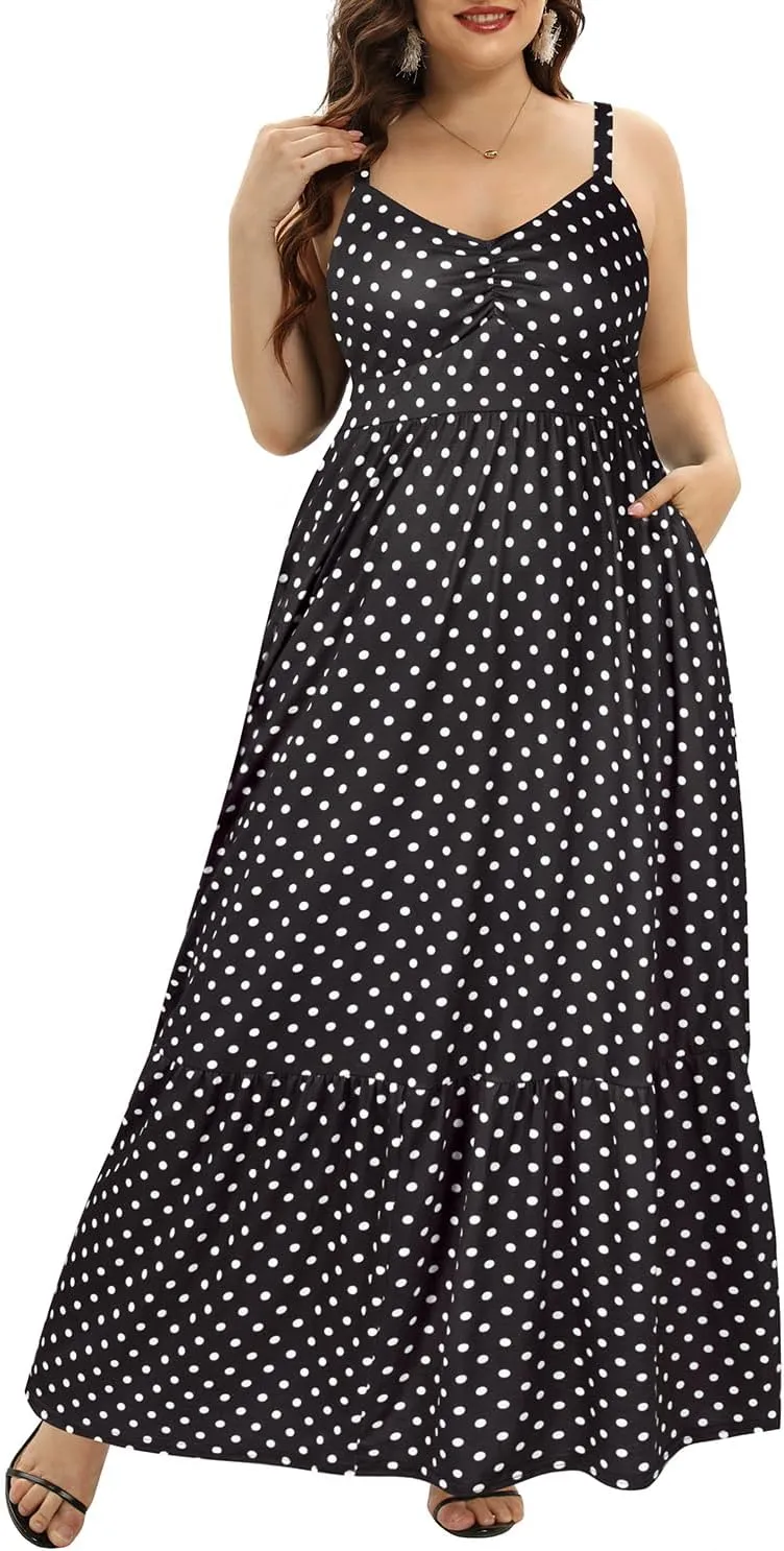 Women's Plus Size Summer Maxi Sun Dress Spaghetti Strap Ruched Bust Long Casual Sundress with Pockets