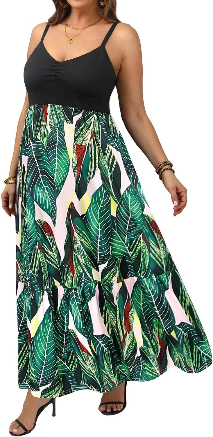 Women's Plus Size Summer Maxi Sun Dress Spaghetti Strap Ruched Bust Long Casual Sundress with Pockets