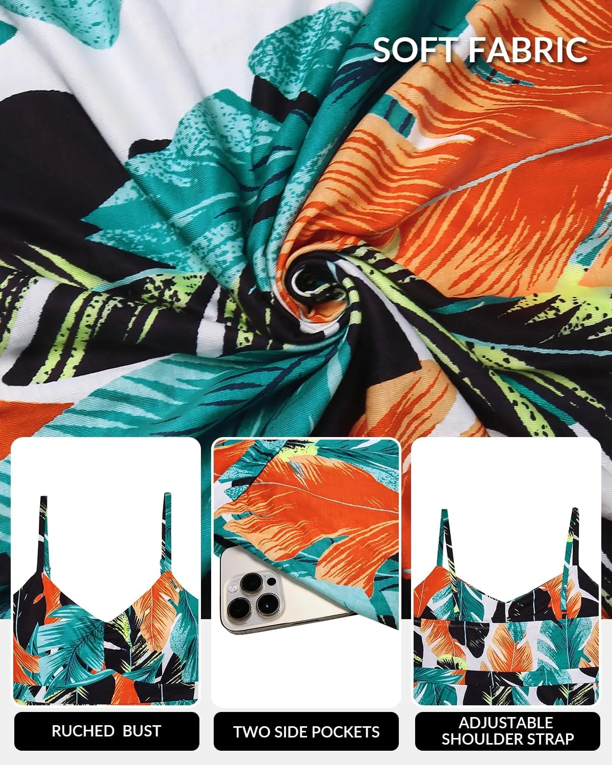 Women's Plus Size Summer Maxi Sun Dress Spaghetti Strap Ruched Bust Long Casual Sundress with Pockets