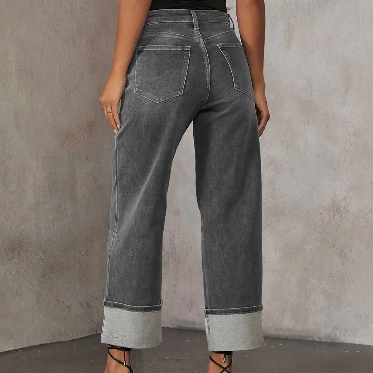 Women's Straight Leg Denim Pants High Waisted Rolled Hem Jeans Stretch Loose Casual Comfy Trendy Streetwear Trousers