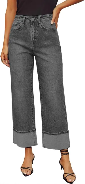Women's Straight Leg Denim Pants High Waisted Rolled Hem Jeans Stretch Loose Casual Comfy Trendy Streetwear Trousers