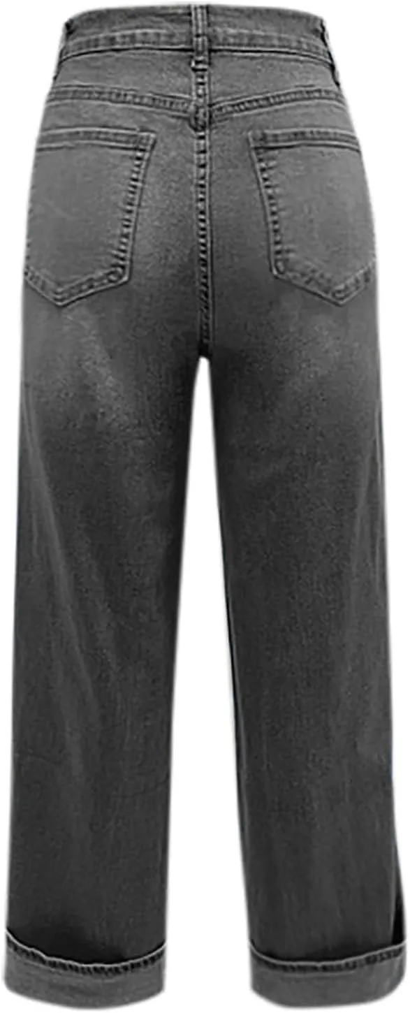 Women's Straight Leg Denim Pants High Waisted Rolled Hem Jeans Stretch Loose Casual Comfy Trendy Streetwear Trousers