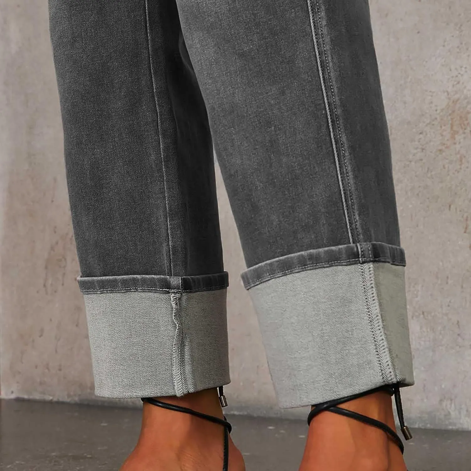 Women's Straight Leg Denim Pants High Waisted Rolled Hem Jeans Stretch Loose Casual Comfy Trendy Streetwear Trousers