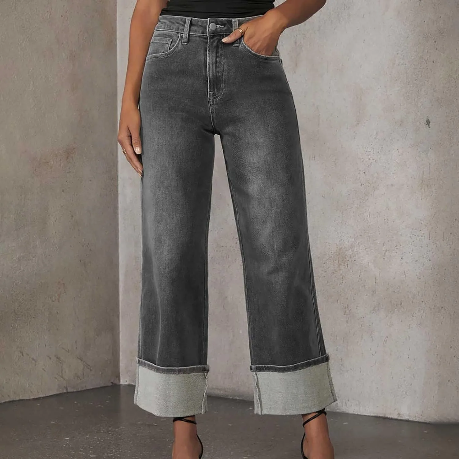 Women's Straight Leg Denim Pants High Waisted Rolled Hem Jeans Stretch Loose Casual Comfy Trendy Streetwear Trousers