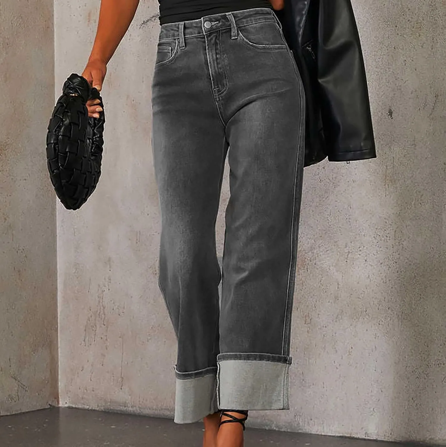 Women's Straight Leg Denim Pants High Waisted Rolled Hem Jeans Stretch Loose Casual Comfy Trendy Streetwear Trousers