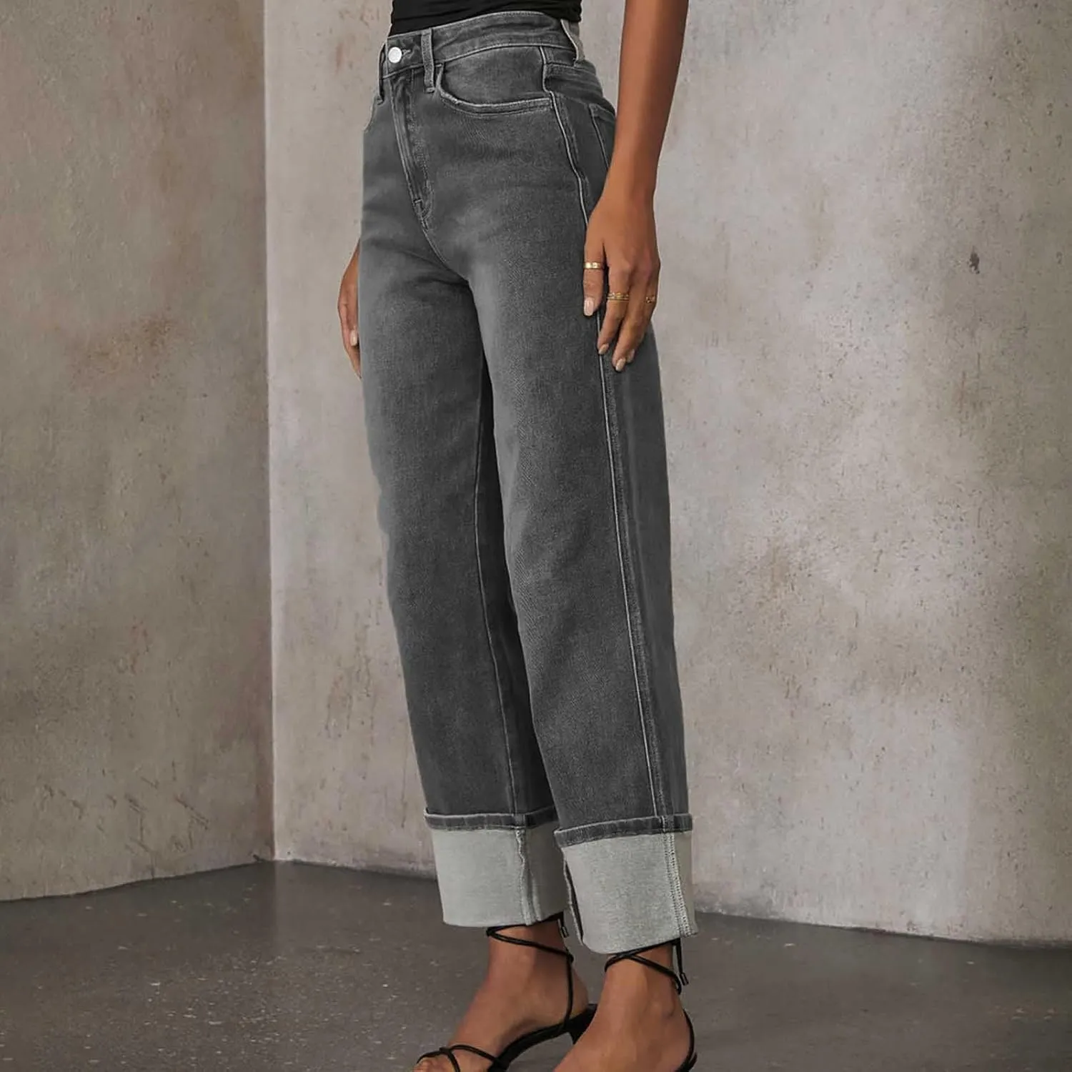 Women's Straight Leg Denim Pants High Waisted Rolled Hem Jeans Stretch Loose Casual Comfy Trendy Streetwear Trousers