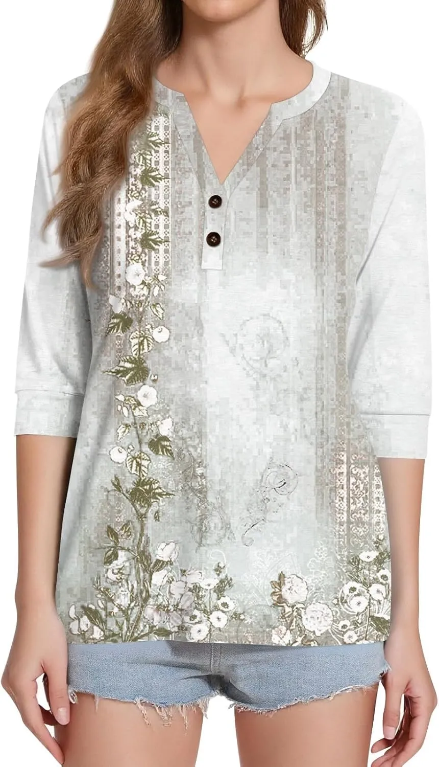 Womens Summer Tops 3/4 Length Sleeve V Neck Button Down Shirts Business Casual Outfit Basic Loose Fit Tees