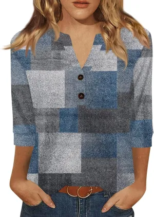 Womens Summer Tops 3/4 Length Sleeve V Neck Button Down Shirts Business Casual Outfit Basic Loose Fit Tees