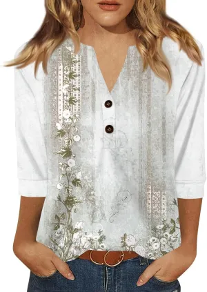 Womens Summer Tops 3/4 Length Sleeve V Neck Button Down Shirts Business Casual Outfit Basic Loose Fit Tees