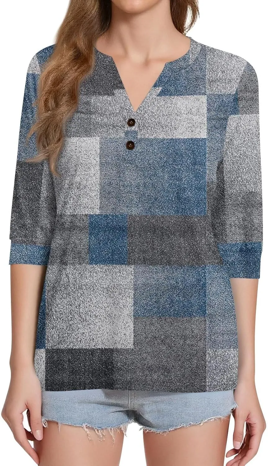 Womens Summer Tops 3/4 Length Sleeve V Neck Button Down Shirts Business Casual Outfit Basic Loose Fit Tees