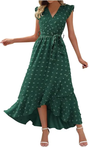 Women's Swiss Dot Casual Boho Dress V Neck Sleeveless Belted Dress Ruffle Casual Summer Wedding Guest Dresses