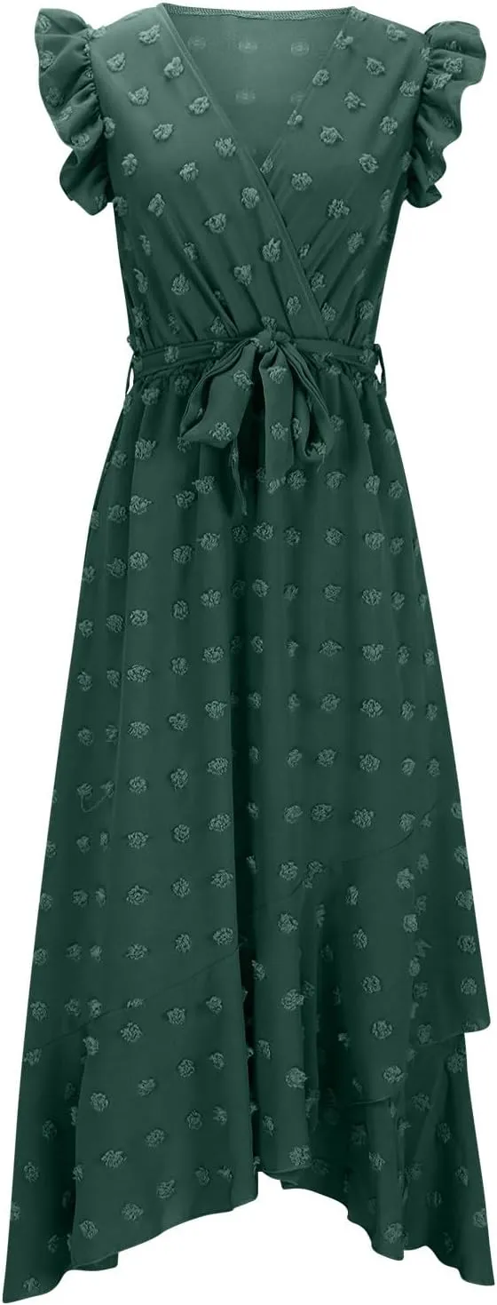 Women's Swiss Dot Casual Boho Dress V Neck Sleeveless Belted Dress Ruffle Casual Summer Wedding Guest Dresses